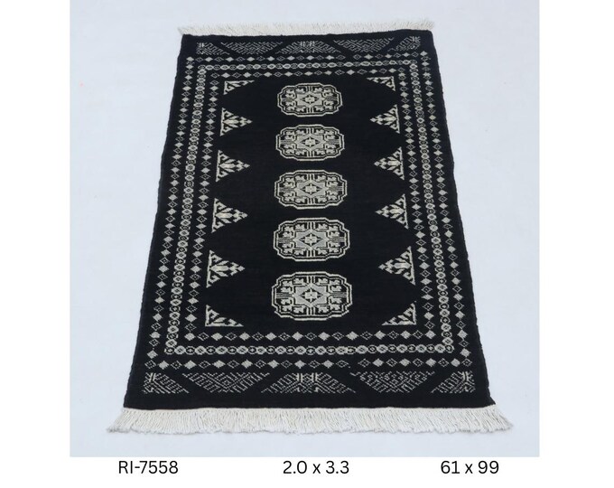 2.0 X 3.3 ft Black Geomatrical Runner Handmade, Mori Bokhara Cotton and Wool
