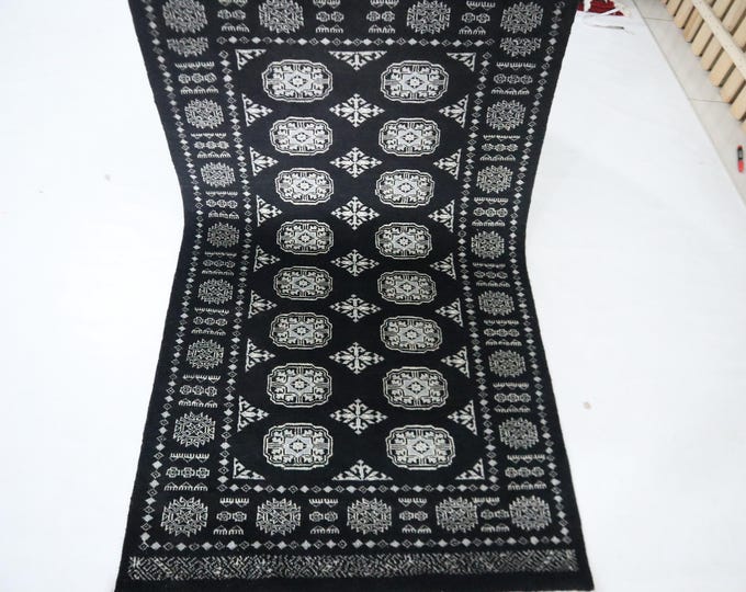 Hand Knotted Wool Mori Bokhara Rug, Black Geometric Tribal Rug (3x5'5 Ft)