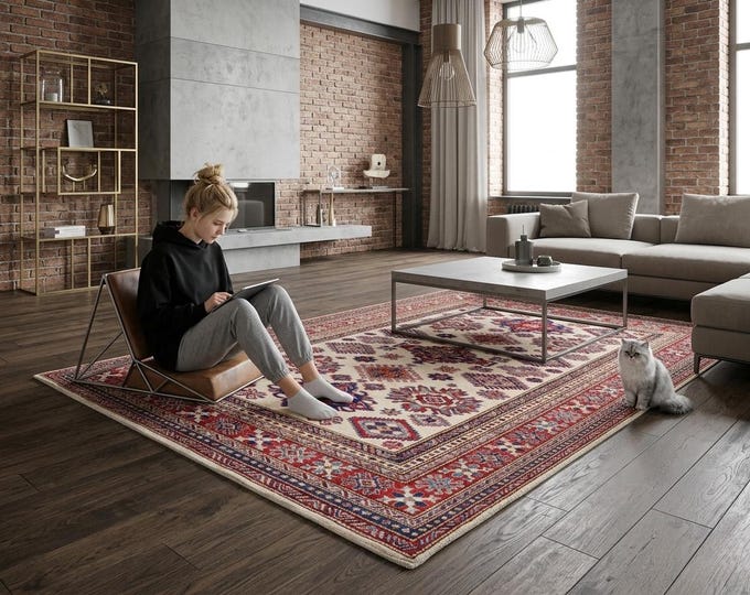 5 X 6 ft Beige and Red Geomatrical Handmade, Super Kazak Cotton and Wool