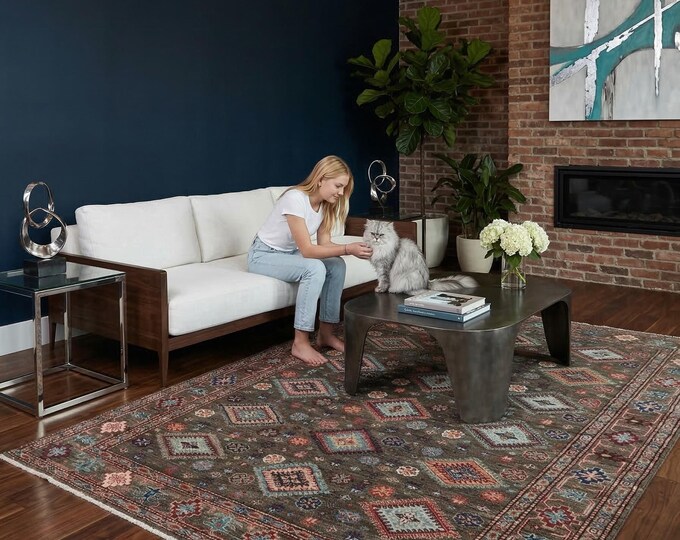 4.9 X 6.7 ft Gray Geomatrical Handmade , Super Kazak Cotton and Wool