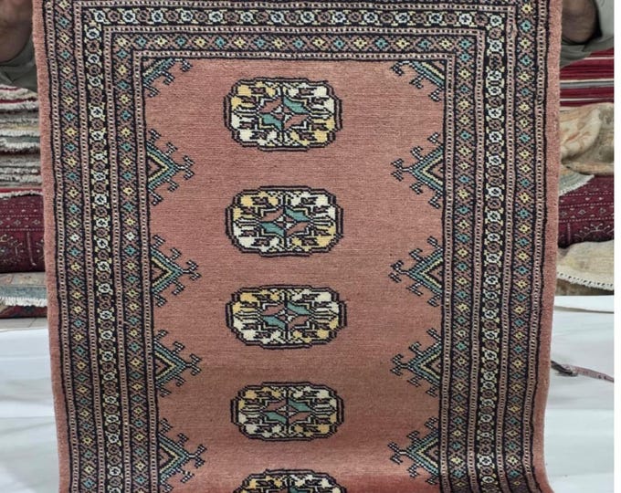 2 X 3 ft Copper Geometrical Handmade, Mori Bokhara Rug Cotton and Wool