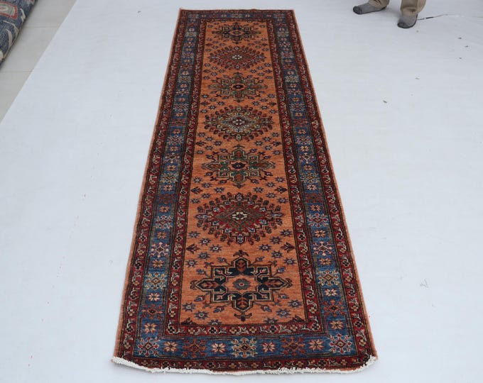 3 X 9 ft Copper and Blue Geomatrical Handmade Runner, Super Kazak Cotton and Wool