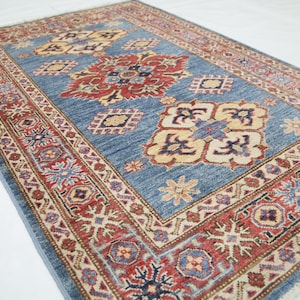 3x5 Kazak Area Rug - Blue Red Afghan Hand Made Geometric Fine Quality Wool Rug - Kitchen Rug - Kids Room Rug - Foyer Rug - Dorm Rug