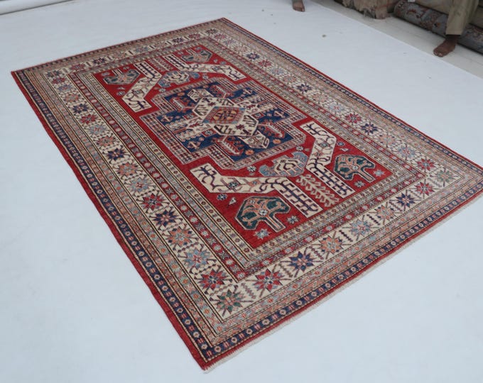 5 X 8 ft Red and Beige Geomatrical Handmade, Super Kazak Cotton and Wool