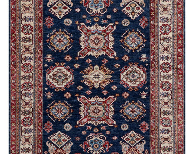 5.5 X 8.11 ft Blue and Beige Geomatrical Handmade , Super Kazak Cotton and Wool