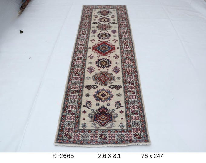 Hand-knotted Super Kazak Cotton and Wool Rug, Geomatrical in Beige base and Beige border, 2.6 X 8.1 ft