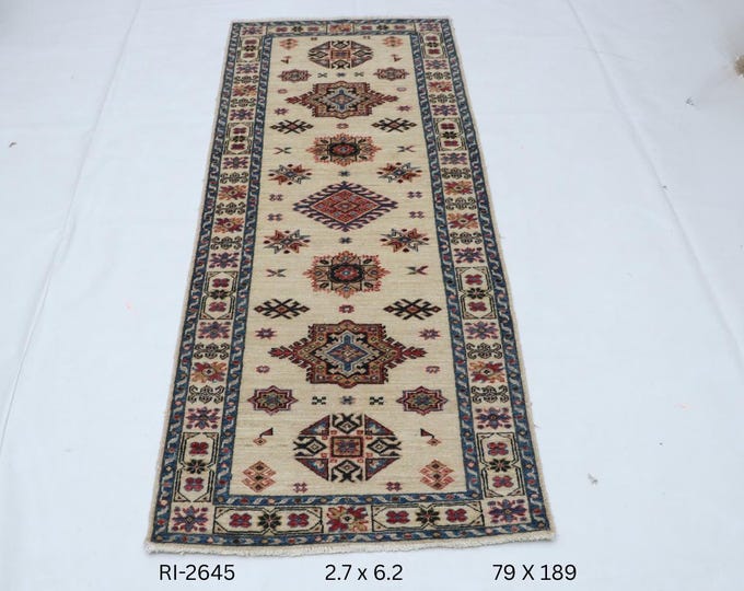 Hand-knotted Super Kazak Cotton and Wool Rug, Geomatrical in Beige base and Beige border, 2.7 X 6.2 ft