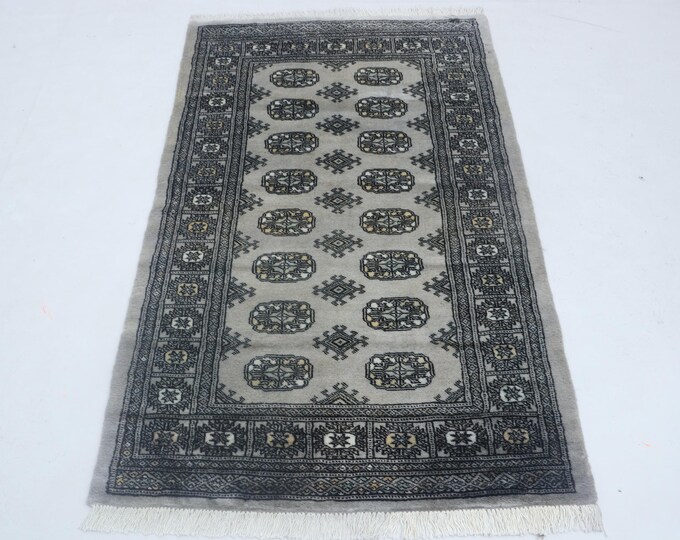 3.0 X 5.0 ft Gray Geomatrical Handmade Runner, Mori Bokhara Cotton and Wool