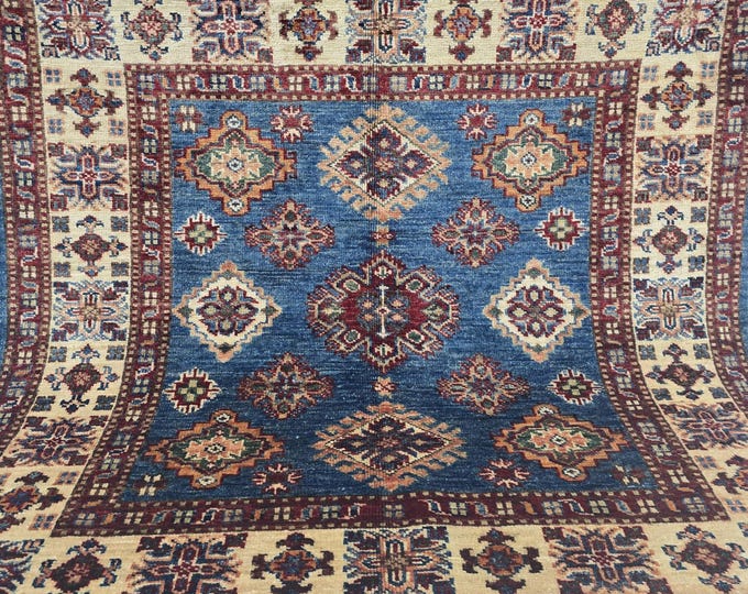 3 X 3 ft Handmade Floral Super Kazak Rug, Blue and Beige , Cotton and Wool
