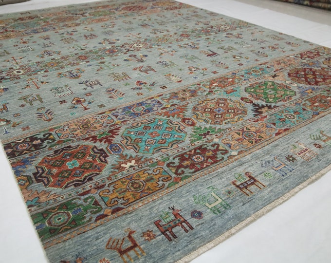 7x10 Gray Afghan Wool Rug – Handmade Tribal Animal Design