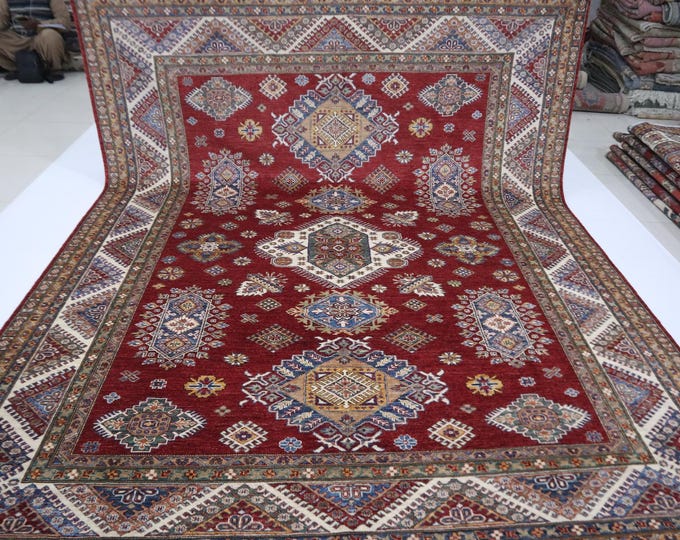 8x10 Red Kazak Rug - Hand Knotted Afghan Wool Rug, Geometric Design
