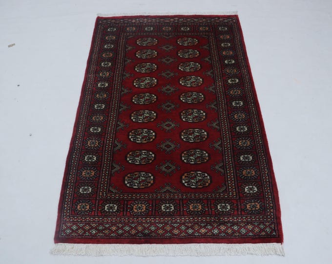3.2 X 5.1 ft Red Geomatrical Handmade ,Mori Bokhara Cotton and Wool