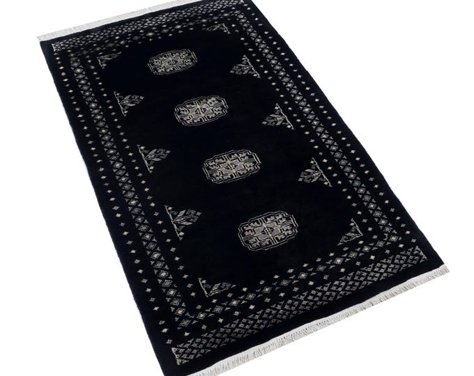 2.8 X 4.2 ft Black Geomatrical Handmade , Mori Bokhara Cotton and Wool