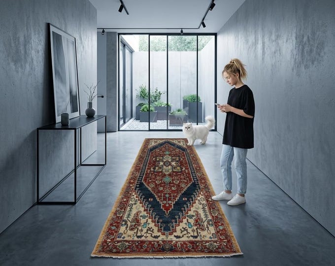 2.8 X 11.5 ft Copper Floral Handmade Runner ,Heriz Cotton and Wool