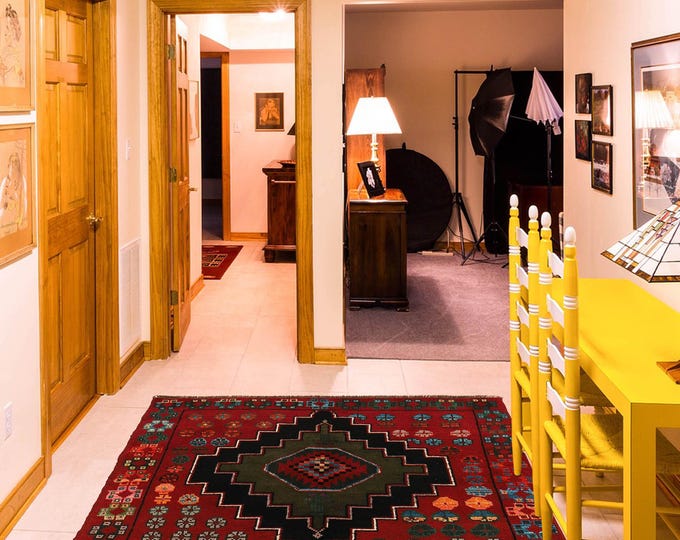 Hand-knotted Baluchi in Green and Orange 3.93 x 6.56 ft