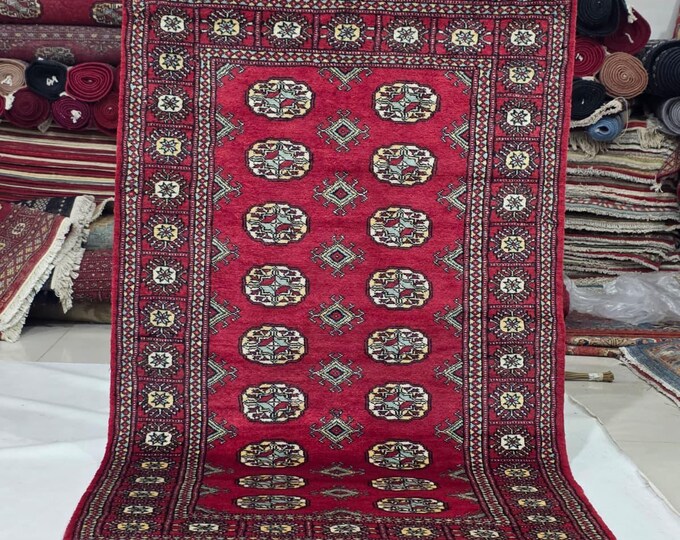 3 X 5 ft Red Geometrical Handmade, Mori Bokhara Cotton and Wool