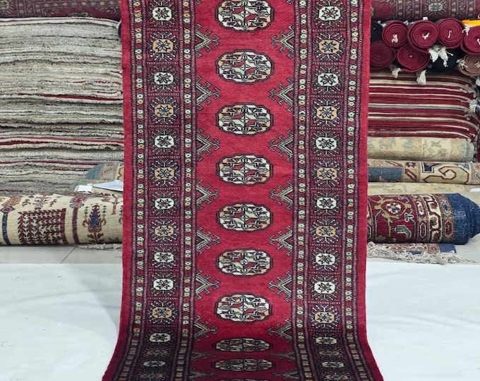 2 X 6 ft Red Geometrical Handmade Runner, Mori Bokhara Cotton and Wool