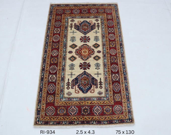 Hand-knotted Super Kazak Cotton and Wool Rug, Geomatrical in Beige base and Red border, 2.5 X 4.3 ft