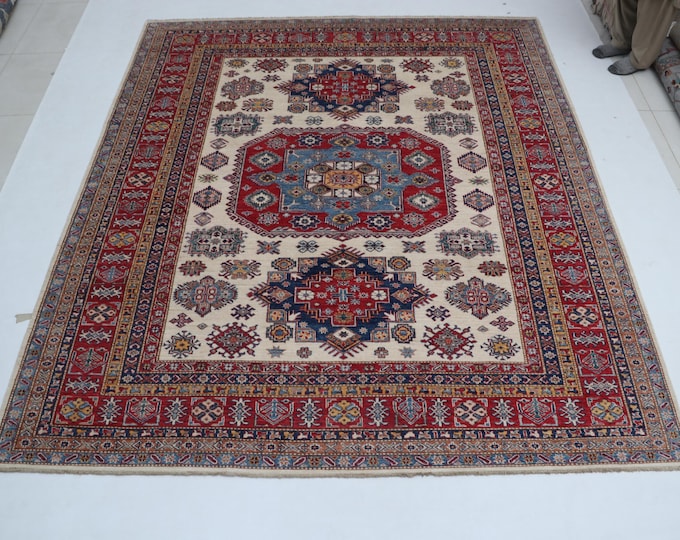 8.0 x 9.5 ft Beige and Red Geomatrical Handmade , Super Kazak Cotton and Wool