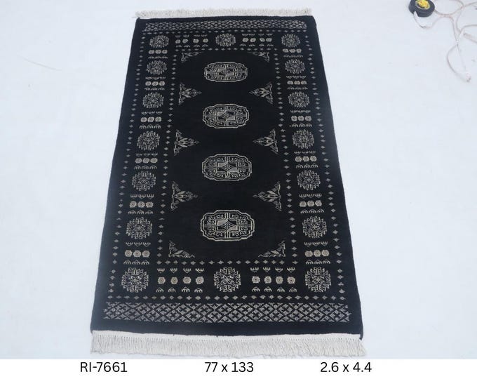 Hand-knotted Mori Bokhara Cotton and Wool Rug, Geomatrical in Black base and Black border, 2.6 x 4.4 ft