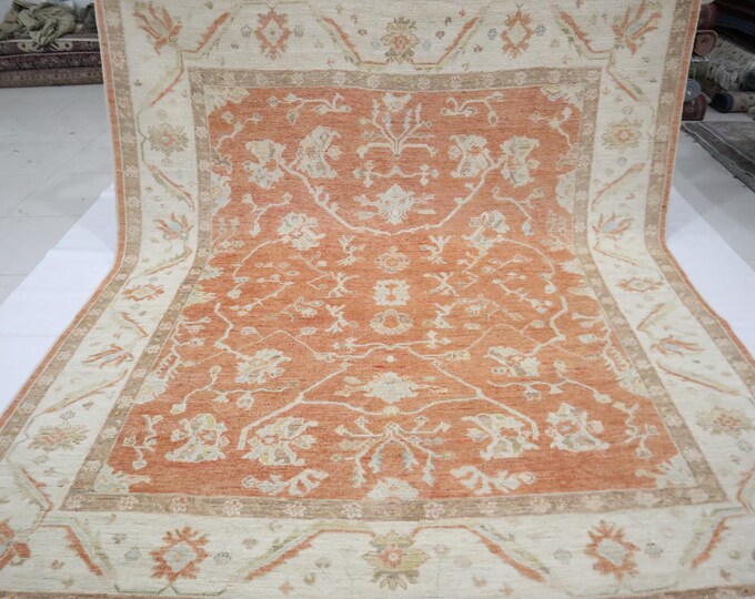 8x10 Oushak Rug – Handmade Soft Orange Wool, Turkish Oriental Design