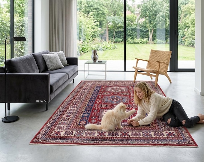 4.10 X 6.4 ft Red and Beige Geomatrical Handmade , Super Kazak Cotton and Wool