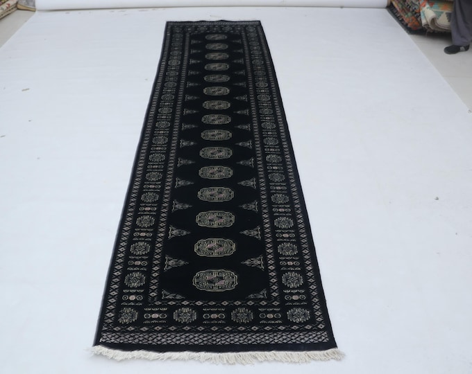 2.7 X 9.9 ft Black Geomatrical Handmade Runner, Mori Bokhara Cotton and Wool