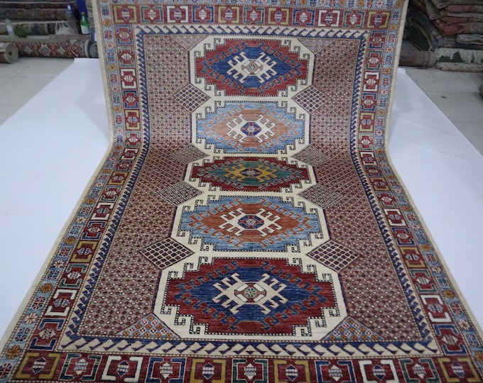 Hand Knotted Kazak Rug, 6x8 Beige Red Afghan Wool Rug, Geometric Design