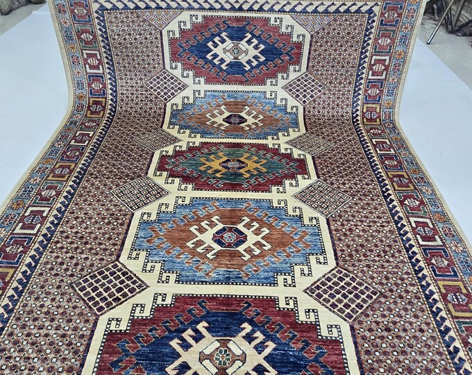 5.5 X 8 ft Handmade Geometrical Super Kazak Rug, Beige and Red, Cotton and Wool