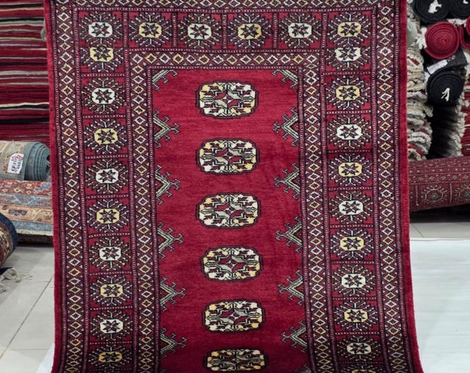 2.5 X 4 ft Red Geometrical Handmade, Mori Bokhara Rug Cotton and Wool