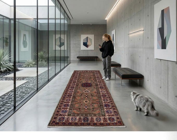 1.10 X 4.9 ft Brown and Beige Geomatrical Handmade Runner , Super Kazak Cotton and Wool