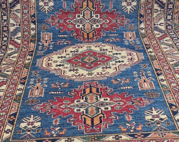 5 x 6.5 ft Handmade Geometric Super Kazak Rug, Blue and Beige, Cotton and Wool