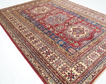 Handmade Afghan Kazak Rug – 4'9x6'4 Geometric Wool Entryway Rug