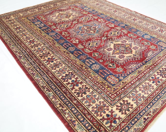 Handmade Afghan Kazak Rug – 4'9x6'4 Geometric Wool Entryway Rug
