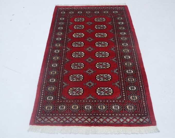 3.1 X 5.0 ft Red Geomatrical Handmade ,Mori Bokhara Cotton and Wool