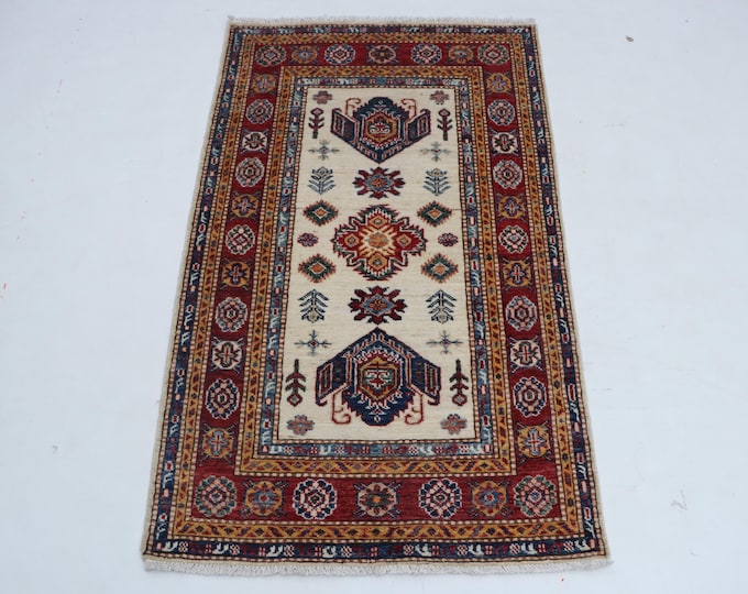 2.7 X 4.3 ft Beige and Red Geomatrical Handmade , Super Kazak Cotton and Wool