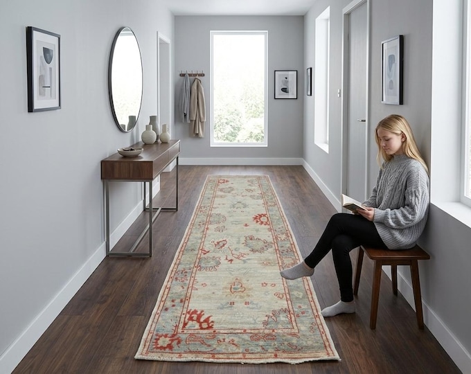 2.7 X 9.11 ft Beige and Blue Floral Handmade Runner ,Heriz Cotton and Wool