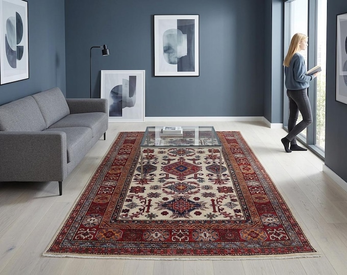 5 X 6 ft Beige and Red Geomatrical Handmade, Super Kazak Cotton and Wool