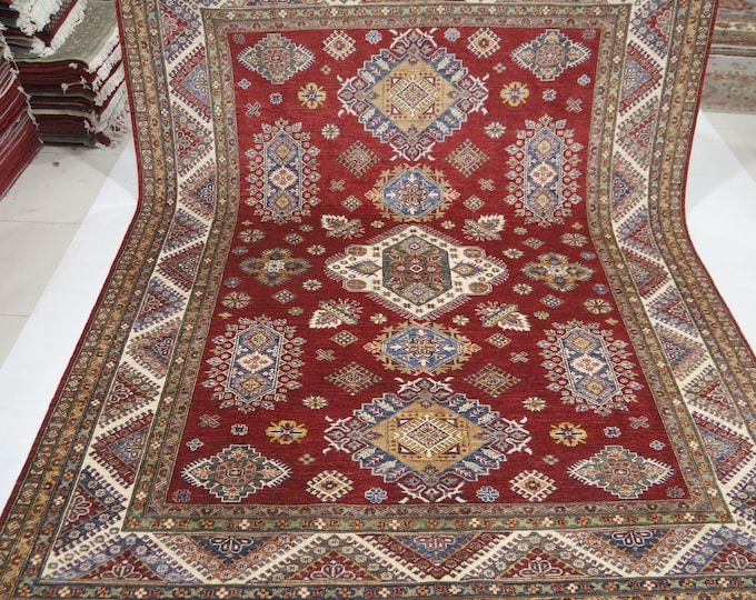 Red Kazak Area Rug – 8x10 Afghan Handmade Wool Geometric Rug