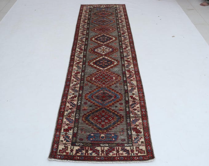 2.9 X 9.10 ft Gray and Beige Geomatrical Handmade Runner, Super Kazak Cotton and Wool