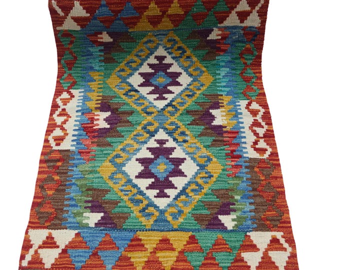 2 X 3 ft Handmade Geometrical Killim Rug, Muilty, Wool