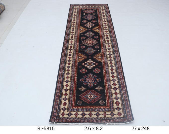 Hand-knotted Super Kazak Cotton and Wool Rug, Geomatrical in Black base and Beige border, 2.6 X 8.2 ft