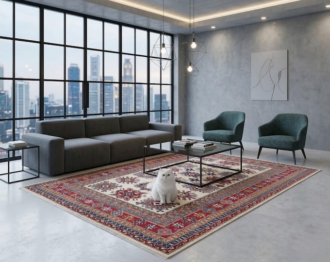 5.7 X 8.2 ft Beige and Red Geomatrical Handmade , Super Kazak Cotton and Wool