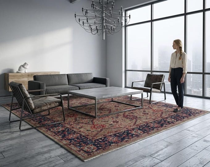 9.1 X 11.10 ft Brown and Blue Floral Handmade ,Heriz Cotton and Wool