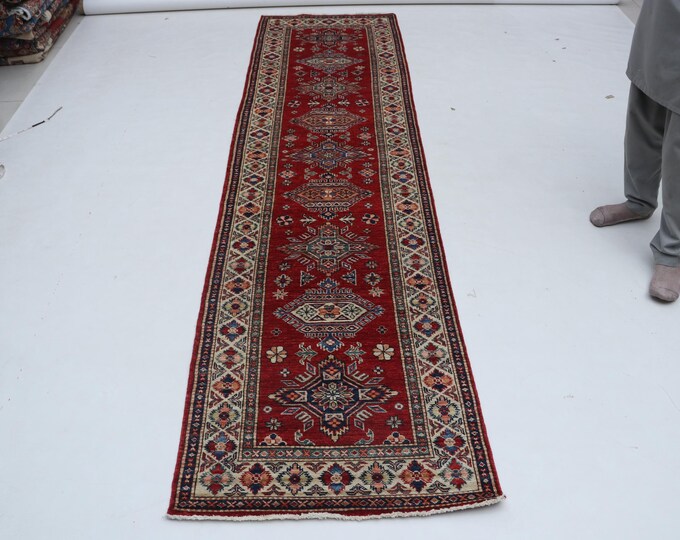 Hand-knotted Super Kazak Cotton and Wool Rug, Geomatrical in Red base and Beige border, 2.6 x 9.10 ft