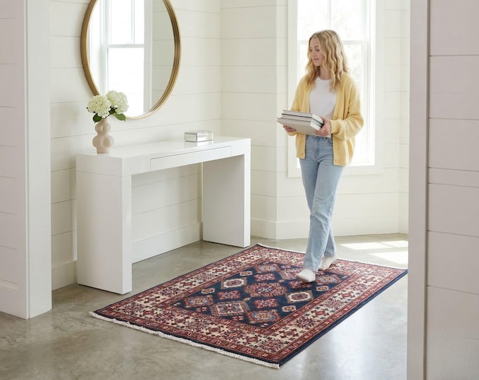 3.2 X 3.7 ft Blue and Beige Geomatrical Handmade , Super Kazak Cotton and Wool