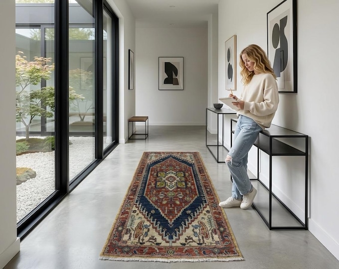 2.3 X 5.4 ft Copper Floral Handmade Runner ,Heriz Cotton and Wool