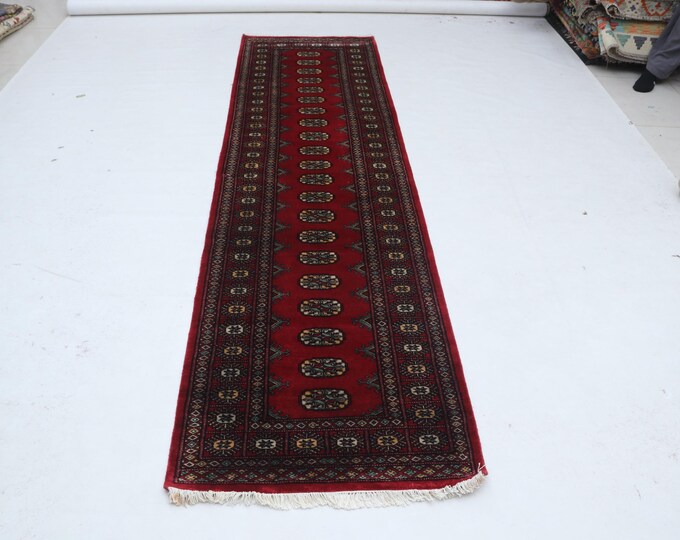 2.7 X 10.1 ft Red Geomatrical Runner Handmade, Mori Bokhara Cotton and Wool