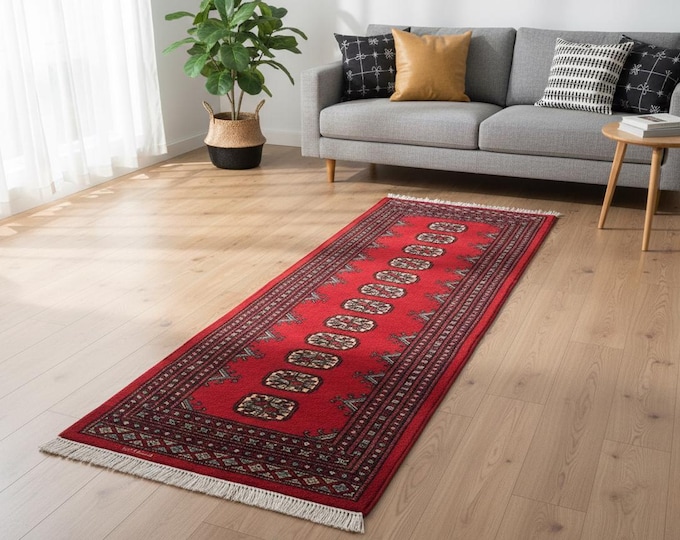 2.0 X 5.6 ft Red Geomatrical Handmade, Mori Bokhara Cotton and Wool