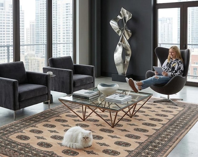 6.5 X 9.5 ft Beige Geomatrical Handmade , Mori Bokhara Cotton and Wool